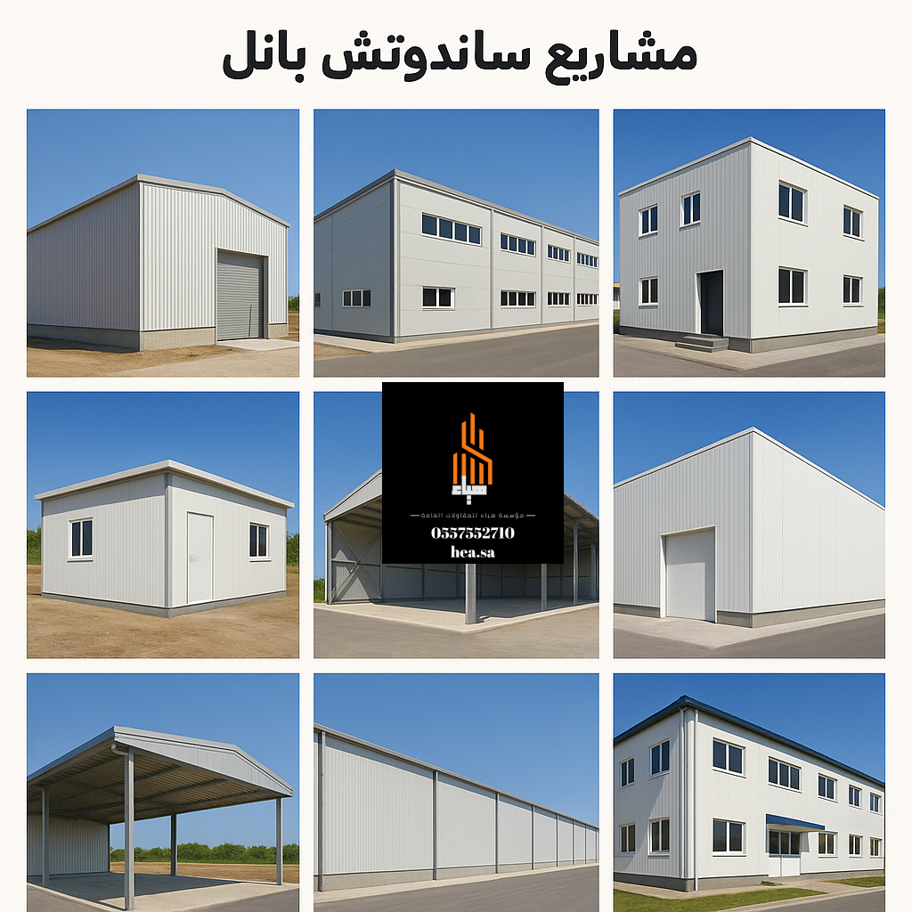 ألواح ساندوتش بانل جاهزة للتوريد والتركيب في مستودعات مؤسسة هياء للمقاولات.

