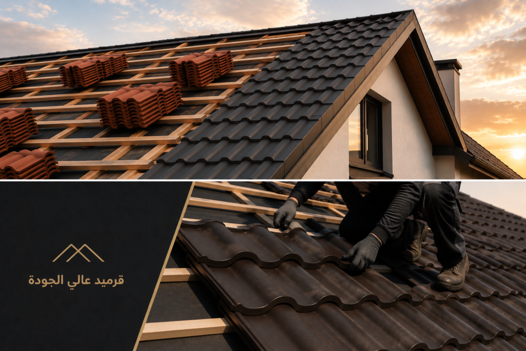 تركيب قرميد أسطح عالي الجودة على فيلا حديثة.