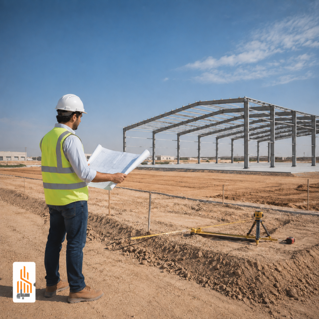 مهندس يفحص موقع مشروع هنجر للتأكد من المقاسات والتربة قبل بدء التنفيذ