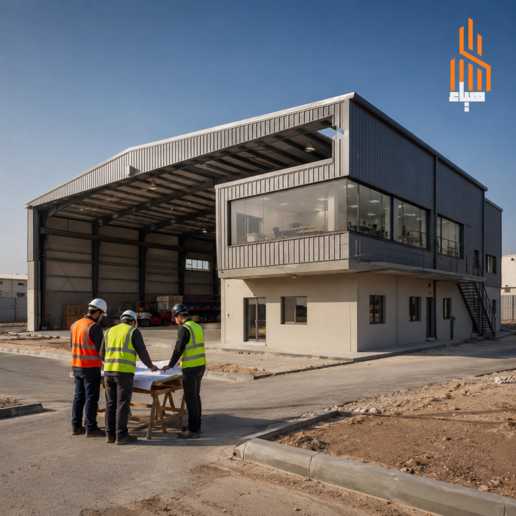 مهندسون يخططون لتنفيذ هنجر دورين أمام مبنى معدني حديث في موقع العمل